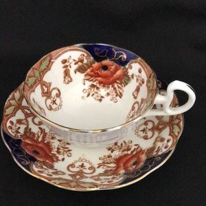 Vintage BELL Bone China Tea Cup & Saucer Cobalt Blue with Red Flower